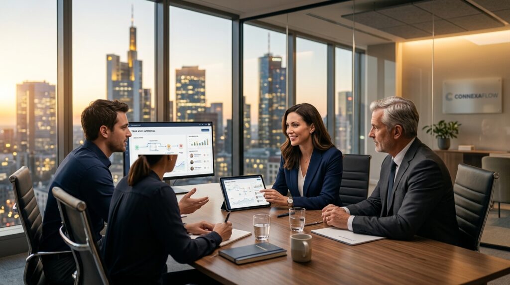 connexaflow est une plateforme agile de collaboration inter-entreprises, facilitant la communication et la gestion de projets pour un travail d'équipe efficace et synchronisé.